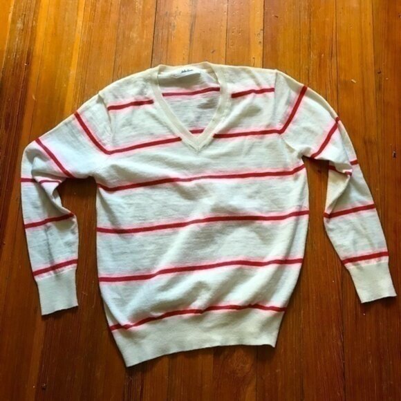 Mila Owen, Women’s V-Neck Sweater, Cream with Orange Stripes, Small - Picture 1 of 4